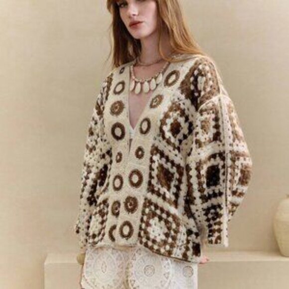 Coffee Brown Casual Women's Geometric Crochet Dolman Sleeve Cardigan - Picture 6 of 7